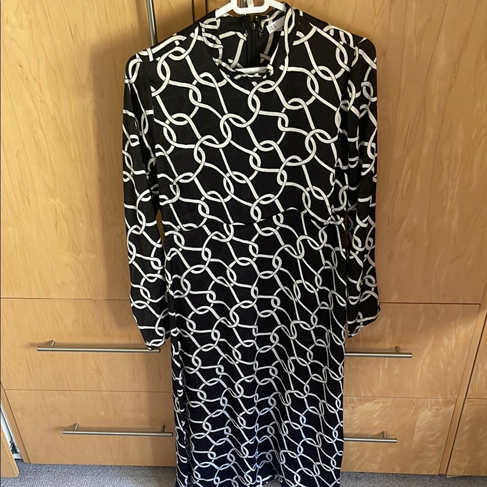 Black and White Long Sleeve Sheath Dress with Mock Neck